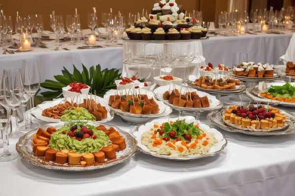 Elegant catering setup with multiple dishes arranged beautifully for wedding reception