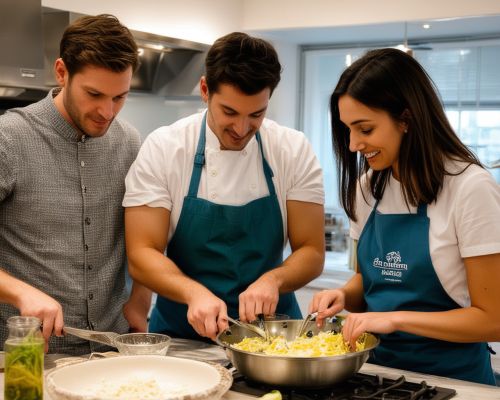 Private cooking class with small group learning together in professional kitchen