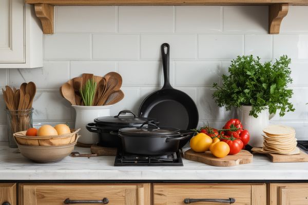 Traditional Southern kitchen with cast iron cookware and fresh ingredients