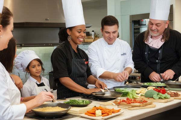 Group of adults learning cooking techniques with chef instructor