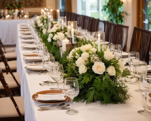Beautiful wedding reception with elegant table settings and gourmet food presentation