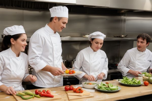 Group of students learning cooking techniques with chef instructor in kitchen classroom