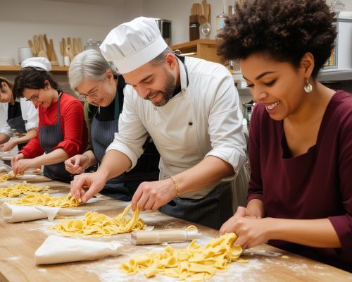 Group of adults learning to cook fresh pasta in hands-on cooking class