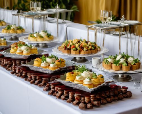 Elegant catering setup with multiple dishes arranged beautifully for event