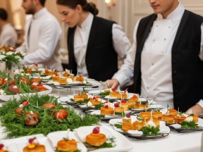 Catering staff serving elegant dishes at sophisticated event