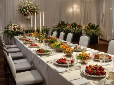 Beautifully decorated banquet table with gourmet food presentation