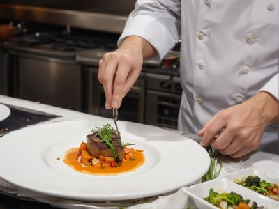 Professional chef preparing gourmet dish with presentation