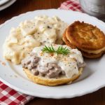 Traditional Southern dish with biscuits and gravy