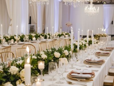 Elegant wedding reception with multiple dishes beautifully arranged