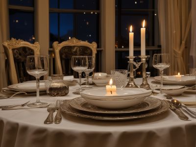 Elegant private chef dinner setting with candlelight and fine china