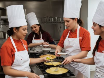 Group of students learning cooking techniques with chef instructor