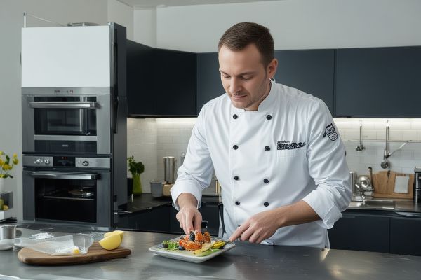 Professional chef preparing gourmet dish in kitchen