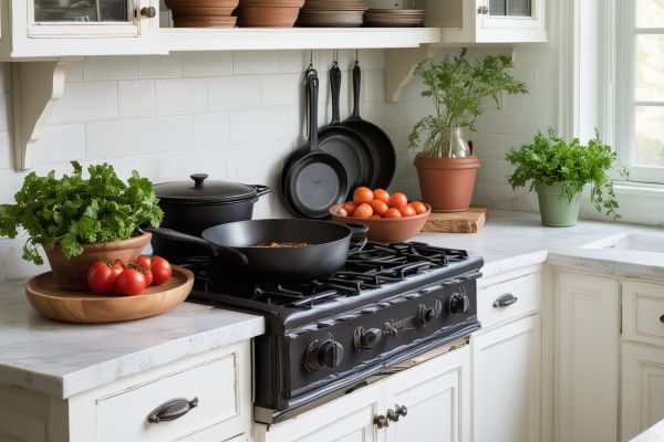 Traditional Southern kitchen with cast iron cookware and fresh ingredients