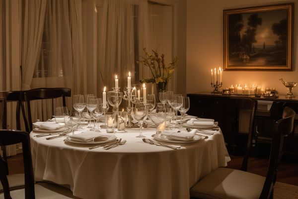 Elegant private chef dinner setting with candlelight and fine china